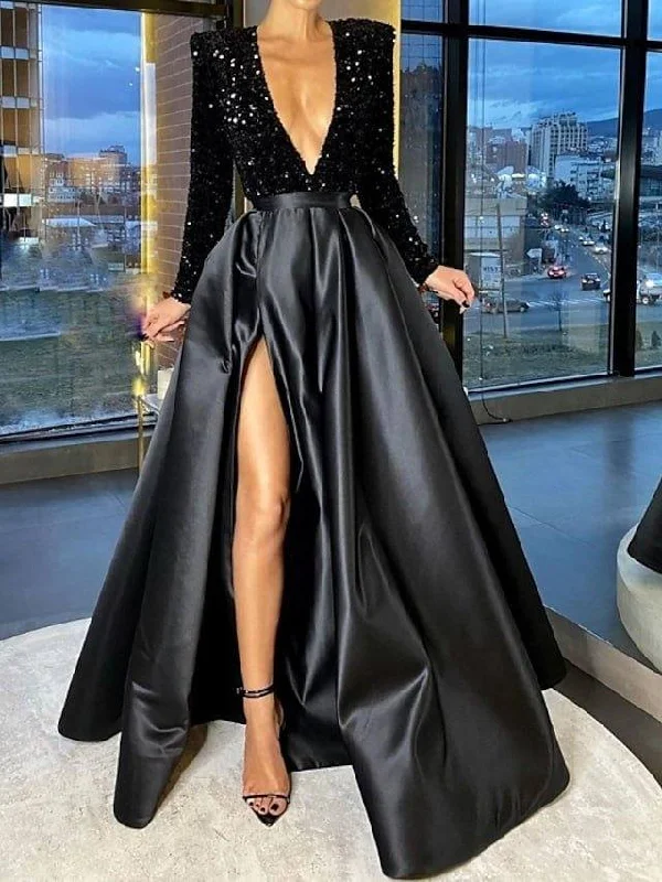 A-Line Sparkle Party Wear Formal Evening Dress V Neck Long Sleeve Floor Length Satin with Crystals Split Tunics Versatile stylish