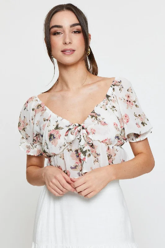 Print Crop Top Short Sleeve Terry Blend Velvet Blend Canvas Blend