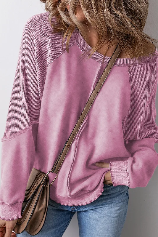 Pink Solid Waffle Knit Patchwork Raglan Sleeve Sweatshirt Hoodie with High Neck Warm Protective