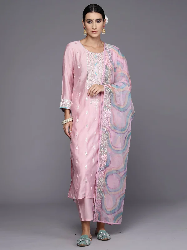 Women's Pink Embroidered Straight Kurta Trousers With Dupatta Set - Indo Era Trousers Polka Dot Cute Women's Pink Embroidered Straight Kurta Trousers With Dupatta Set - Indo Era Trousers Polka Dot Cute