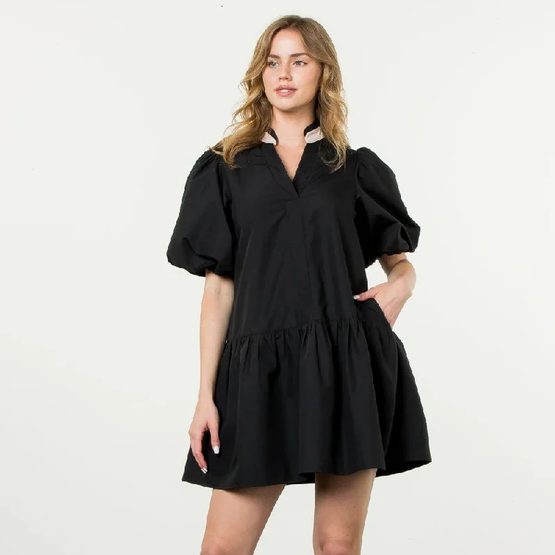 Puff Sleeve V-Neck Dress - Black Tunics Business professional