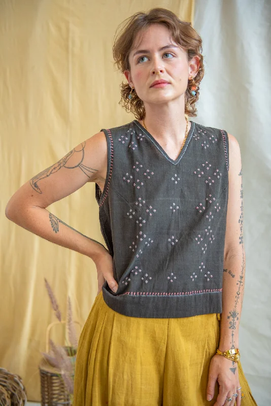 Embroidered Iron Black Cotton Tank Blouse lemon yellow tank