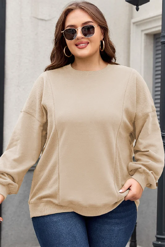 Apricot Loose Patchwork Crewneck Plus Size Sweatshirt Hoodie with Hem Contrast Bold Stylish