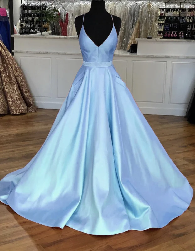 Light Blue Satin V-neck Cross Back Prom Dresses 2019 Floral Print girly