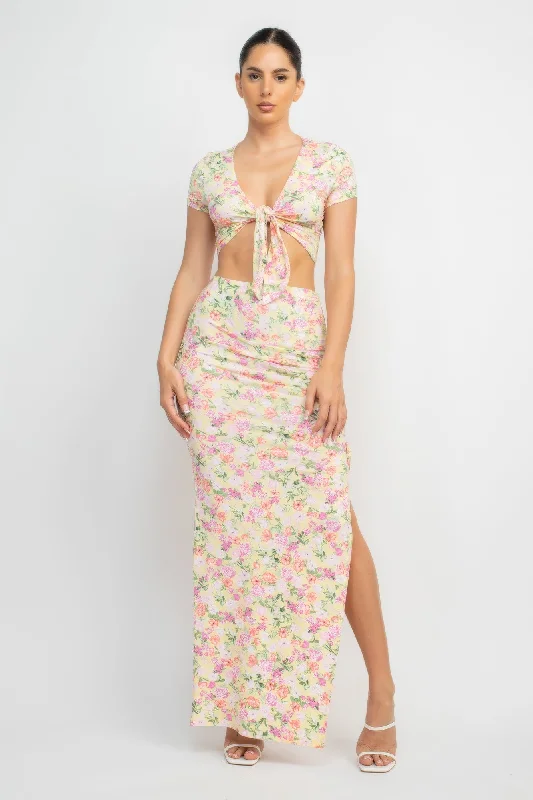 Front Knot Floral Top & Ruched Maxi Skirts Set cashmere skirt fine