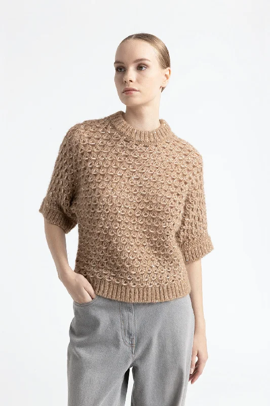 Short-sleeved sweater in an alpaca yarn with sequins Front Pockets Side Pockets Patch Pockets