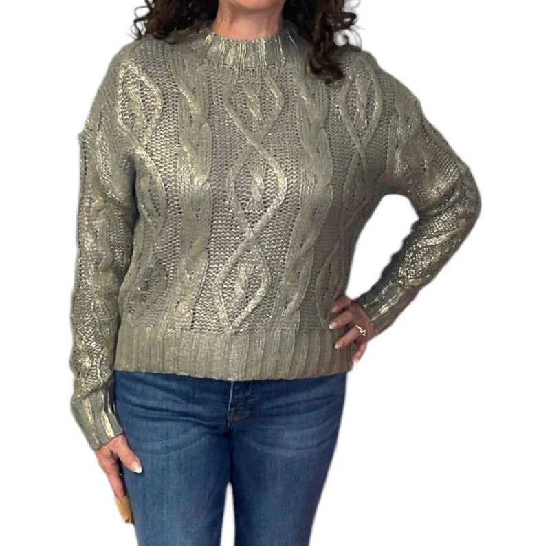 Foiled Cable Knit Sweater In Champagne Satin Blend Silk Blend Wool Blend