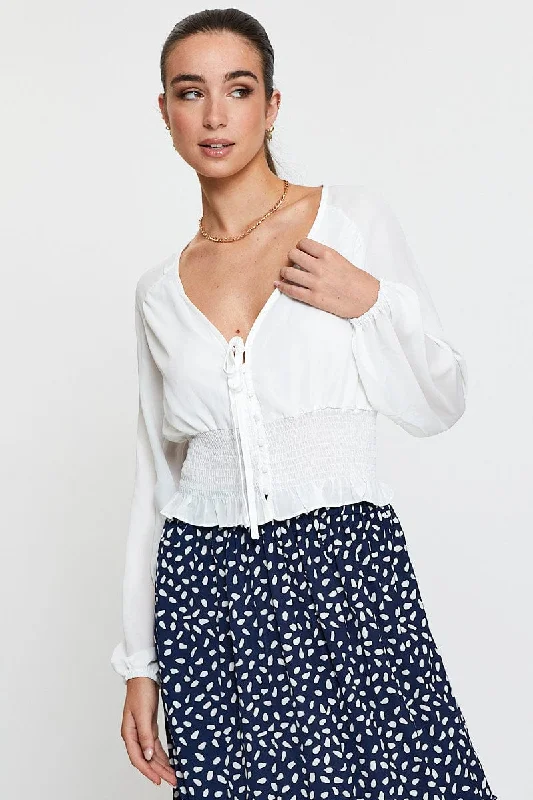 White Crop Top Long Sleeve V-Neck Layered Multi-layer Single Layer