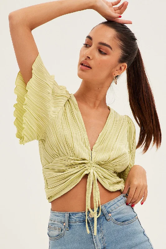 Green Crop Top Short Sleeve Plisse Ruched Front Cotton Fabric Linen Fabric Terry Fabric Green Crop Top Short Sleeve Plisse Ruched Front Cotton Fabric Linen Fabric Terry Fabric
