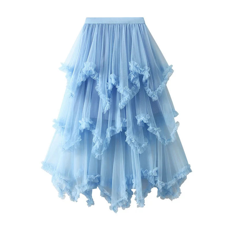 Baby Blue Aysmmetrical Hem Tulle Skirt leather skirt durable