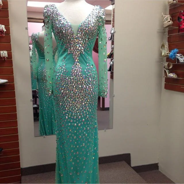 Long Sleeves Crystal Mermaid Prom Dresses 2017 Boat Neckline Classic