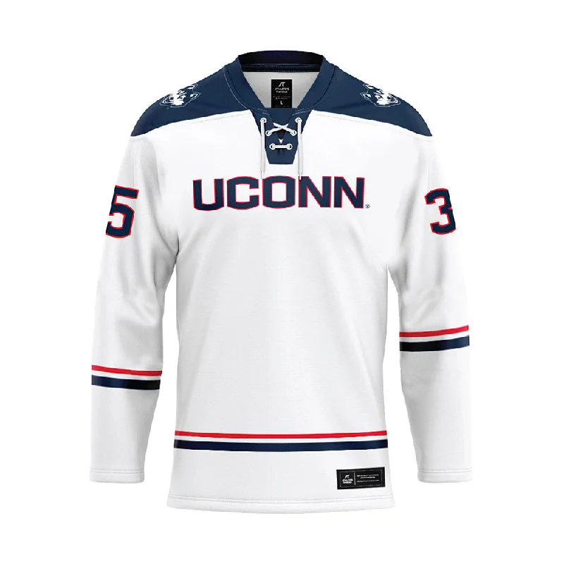 UConn - NCAA Women's Ice Hockey : Shannon Moran - White Hockey Jersey Linen Jersey Top