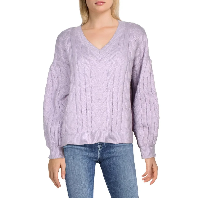 Womens Cable Knit Long Sleeve V-Neck Sweater Long Sweater Short Sweater Cropped Sweater