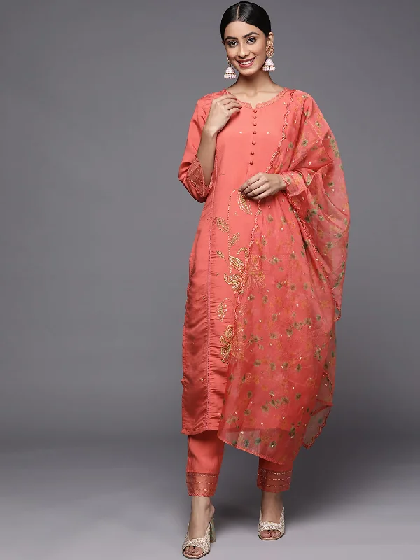 Women's Rust Embroidered Straight Kurta Trousers With Dupatta Set - Indo Era Cropped Trousers Casual Linen