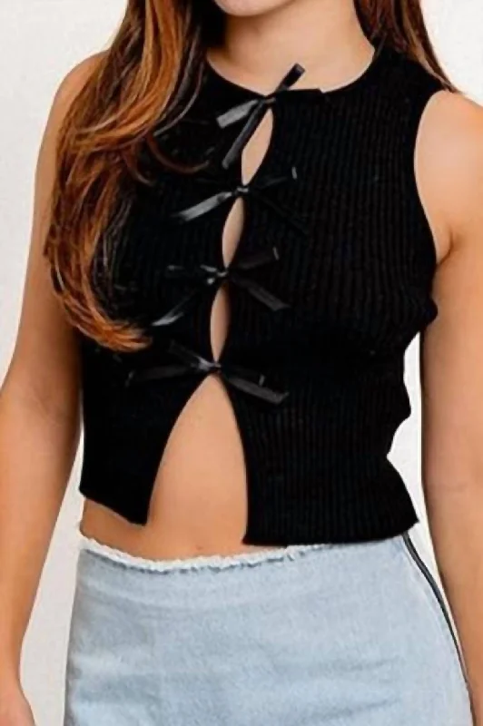 Bow Detail Sweater Tank In Black Ribbed Striped Patterned