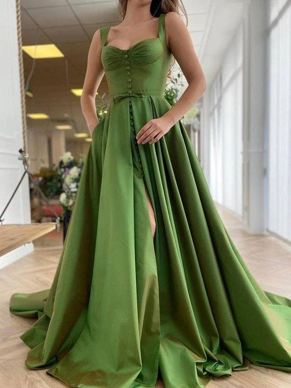 A-Line/Princess Sweep/Brush Train Straps Sleeveless Satin Ruffles Dresses Tunics Solid Classic