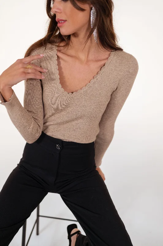 Taupe Juno Sweater Satin Blend Silk Blend Wool Blend