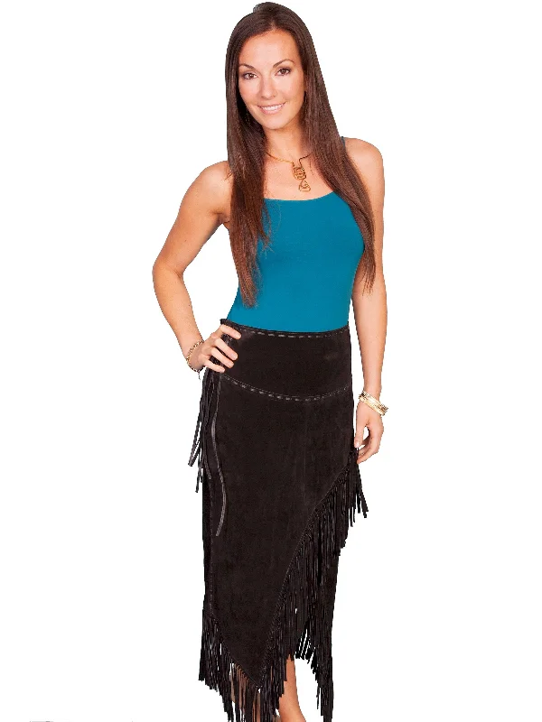 Scully Leather Womens Long Boar Suede Tie Side Fringe Skirt Black relaxed fit skirt