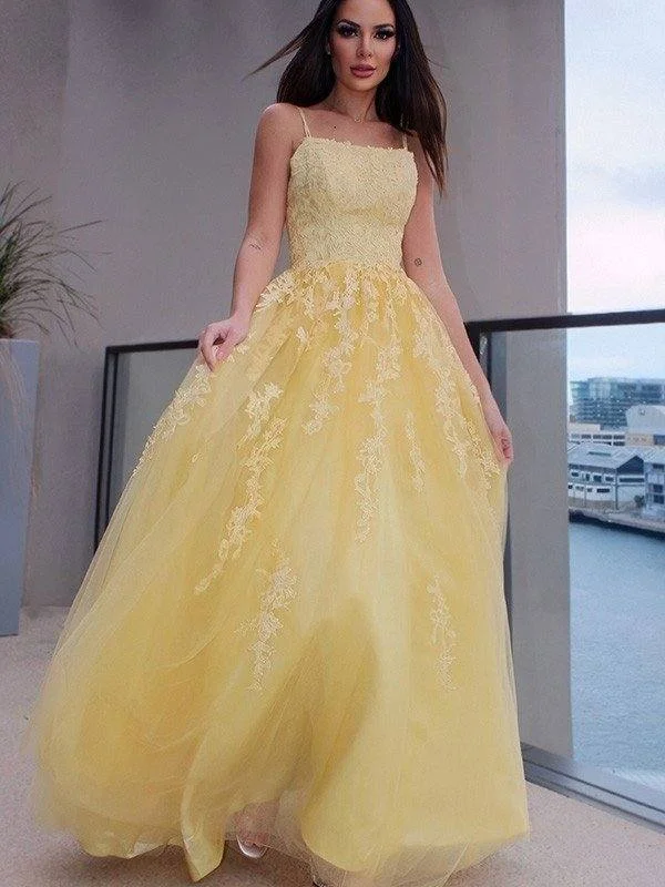 A-Line/Princess Spaghetti Straps Applique Sleeveless Tulle Floor-Length Dresses Floral Print girly
