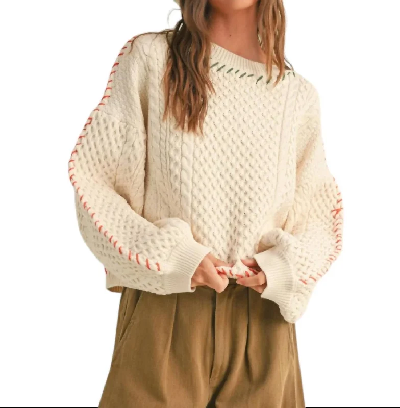 Stitch Detailed Cable Sweater Top In Beige Modern Contemporary Chic