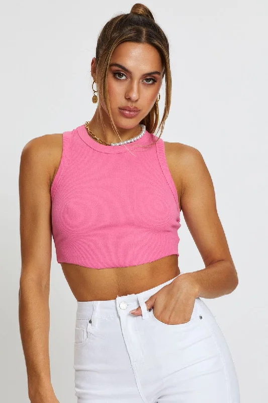 Pink Crop Top Spandex Blend Rayon Blend Denim Blend