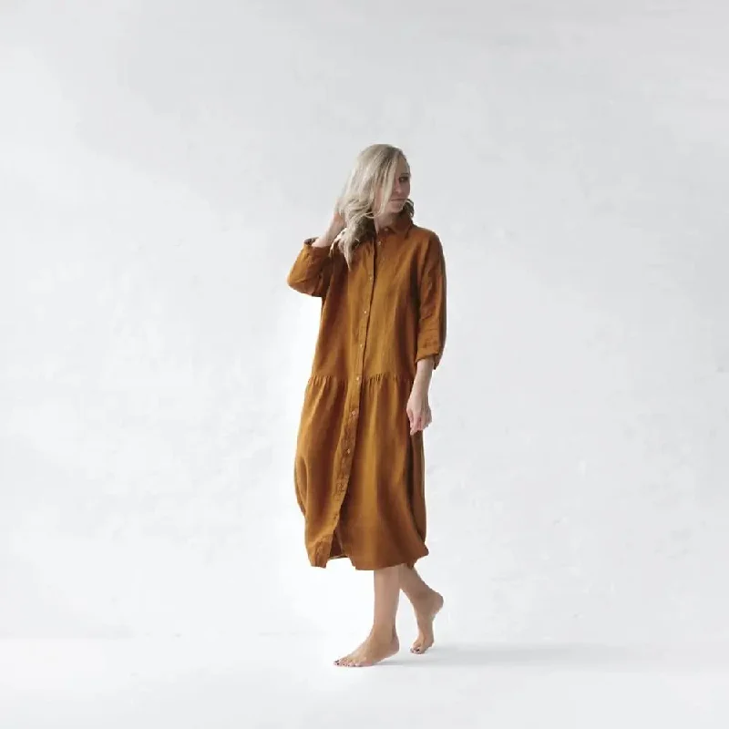 Oversized Mustard linen dress by Seaside Tones Turtleneck Neckline Stylish