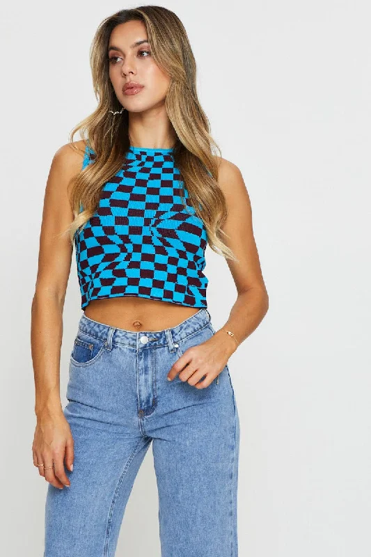 Check Crop Top Seamless Knitted Crochet