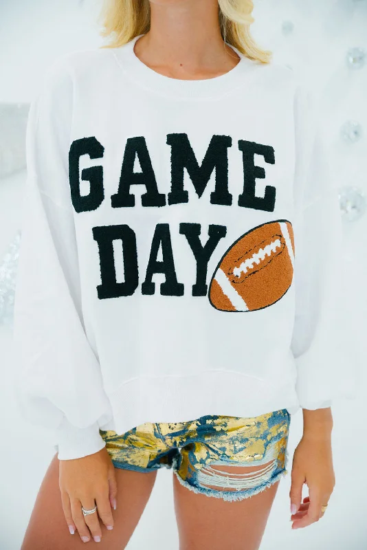 White GAME DAY Graphic Varsity Pullover Sweatshirt Hoodie with Pastel Soft Subtle