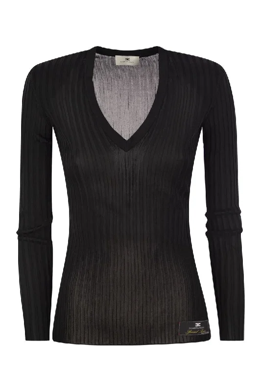 Shiny viscose ribbed jersey Asymmetrical Jersey Blouse