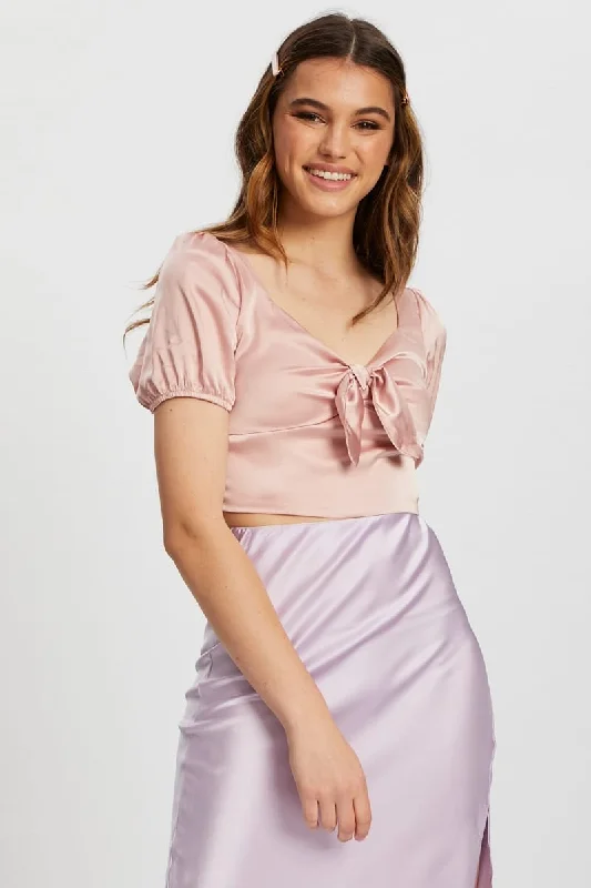 Pink Satin Puff Sleeve Crop Top Lace Blend Ribbed Blend Corduroy Blend