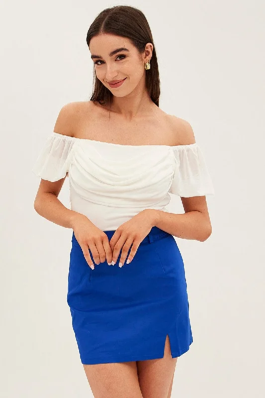 White Crop Top Short Sleeve Cowl Neck Mesh Knit Fabric Woven Fabric Fleece Fabric