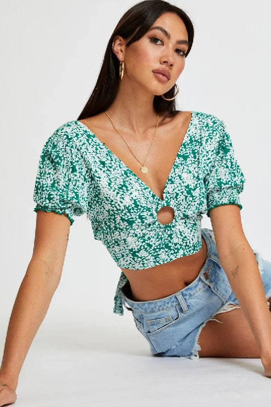 Ditsy Print Crop Top Short Sleeve Tie Up Anti-Pilling Machine Wash Handmade
