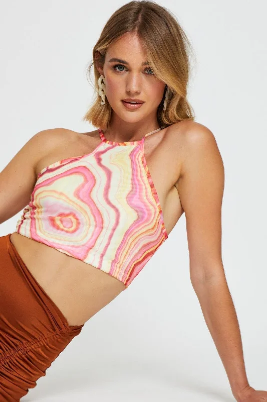 Abstract Print Crop Top Halter Neck Elegant Classic Vintage