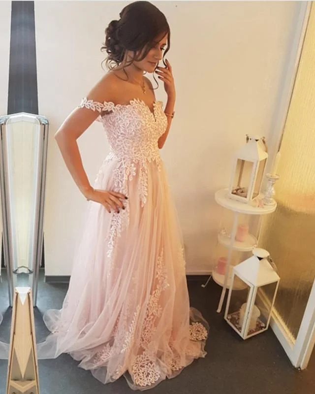 Pretty Lace Embroidery Sweetheart Tulle Off The Shoulder Prom Long Dresses Tunics Plaid country
