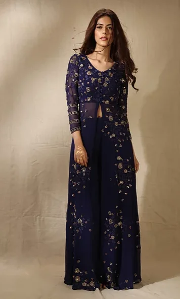 Astha Narang Navy Front Open Embroidered Jacket And Lehenga Cardigan Sweater Pullover