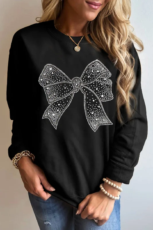 Black Rhinestone Bowknot Graphic Crewneck Pullover Sweatshirt Hoodie with Longline Fit Extended Stylish