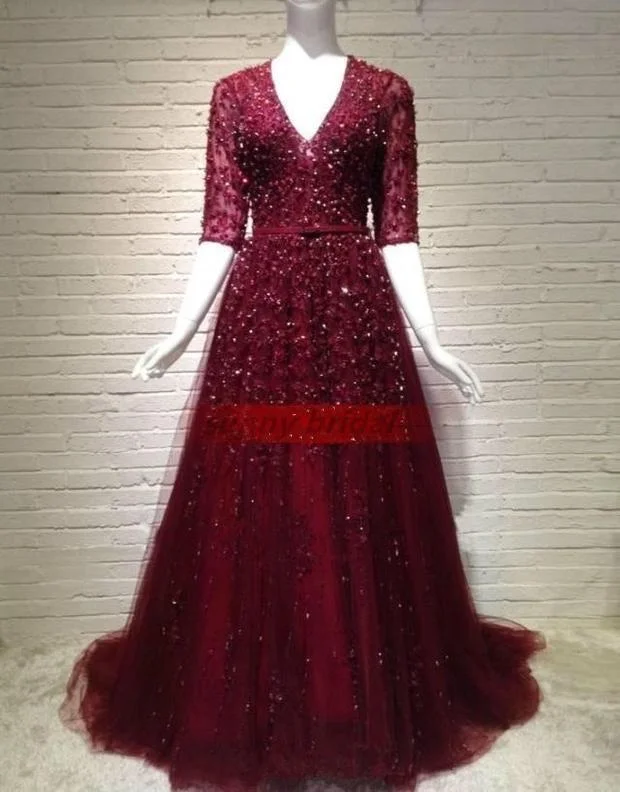 modest half sleeves long burgundy evening dresses with lace and crystal beaded Tunics Business professional