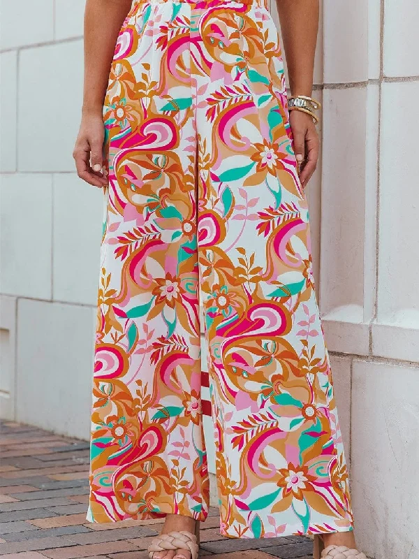 Orange Botanical Blossom Flowy Trousers Trousers Leather Faux