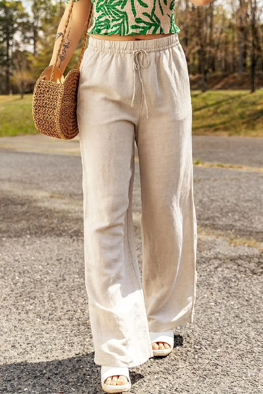 Apricot Linen Elastic Waist Drawstring Loose Fit Trousers Trousers practical durable