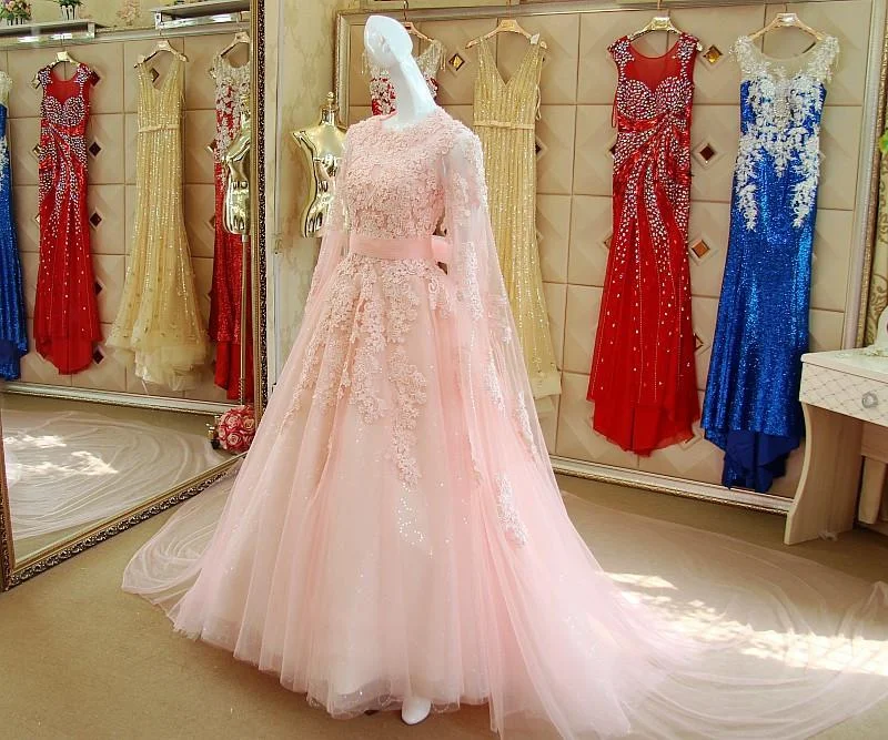 Pink Lace Long Sleeves Prom Dresses 2017 Tunics Stylish elegant