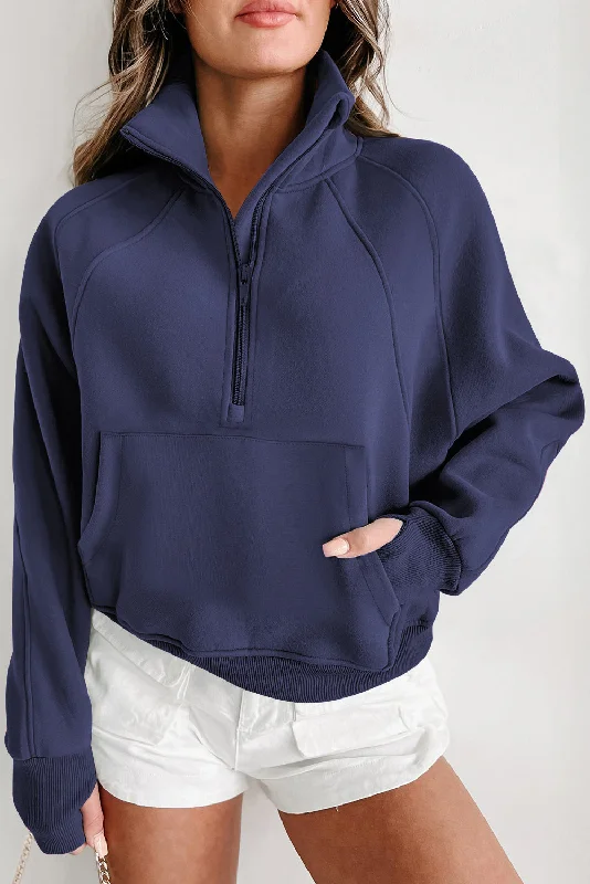 Navy Blue Fleece Lined Zip Up Stand Collar Thumbhole Sleeve Sweatshirt Hoodie with Cuffed Sleeves Snug Secure