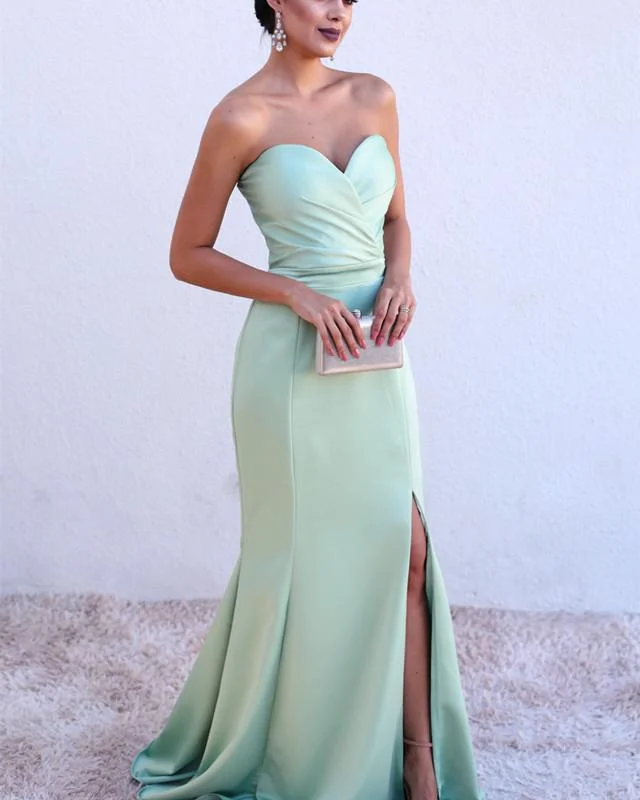 Ruched Sweetheart Mermaid Split Prom Dresses 2019 Tunics Satin smooth
