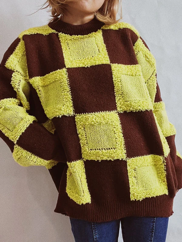 Casual Checkerboard Colorblock Crewneck Long Sleeve Sweater Rayon Fabric Velvet Fabric Corduroy Fabric Casual Checkerboard Colorblock Crewneck Long Sleeve Sweater Rayon Fabric Velvet Fabric Corduroy Fabric