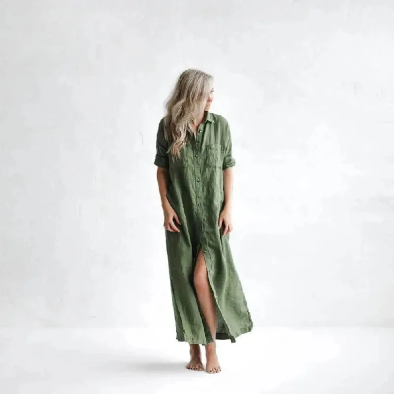 Maxi Linen Shirt-Dress in Olive by Seaside Tones Tunics Canvas sturdy