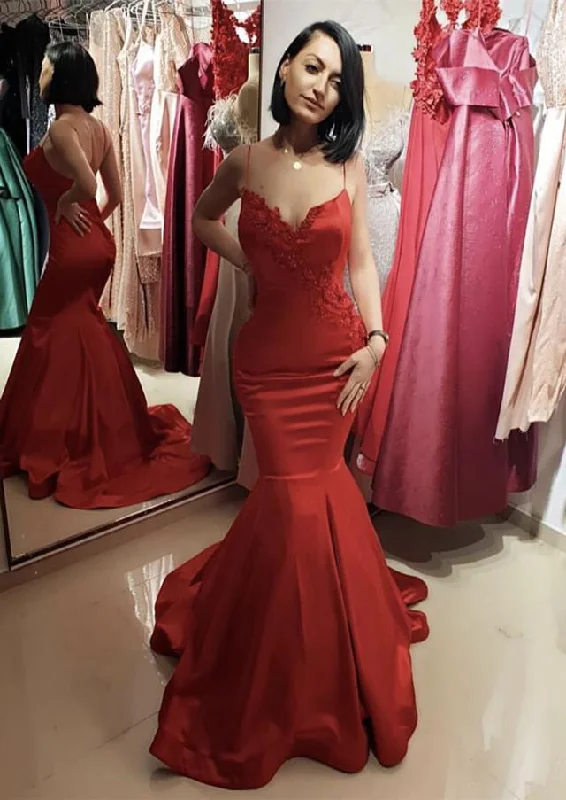 Spaghetti Straps V-neck Satin Mermaid Prom Dress Lace Appliques Tunics Versatile stylish