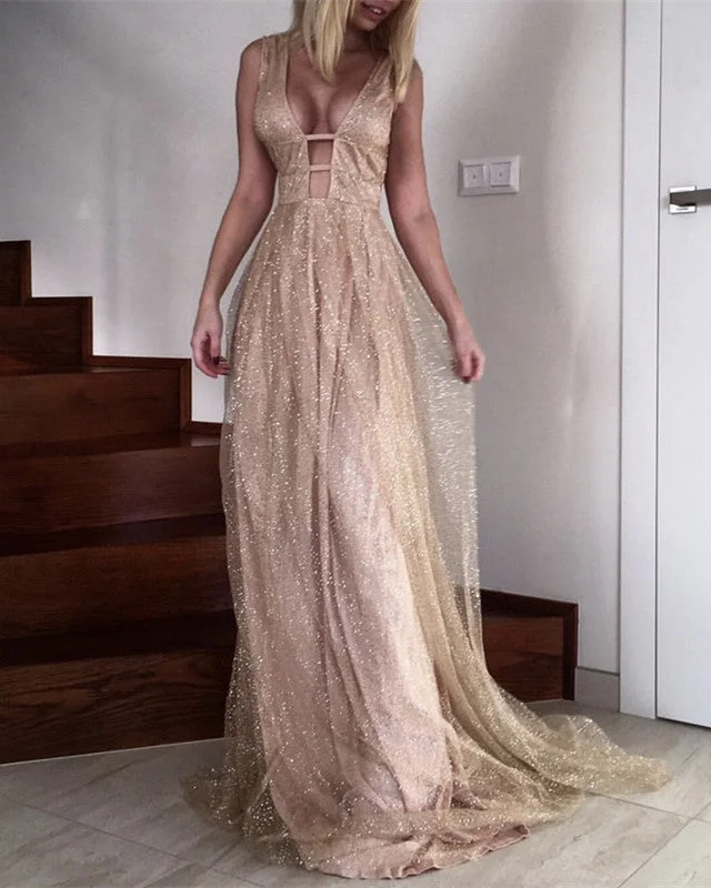 Sexy Plunge V-neck Long Sequins Prom Dresses Tunics Party sparkling