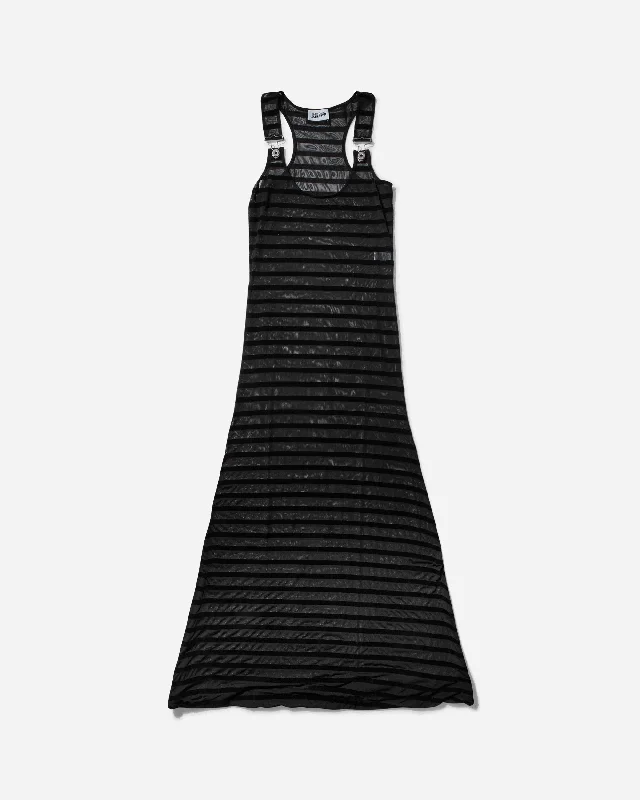 Women's Striped Mesh Long Dress Black Tunics Long Elegant