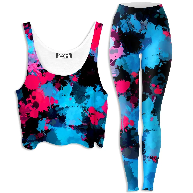 Pink and Blue Paint Splatter Crop Top and Leggings Combo Iron Safe Non-Iron Wrinkle Free