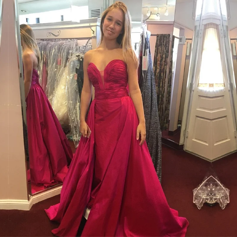 Long Taffeta Ruched Sweetheart Mermaid Evening Dresses Pink Prom Gowns Turtleneck Neckline Stylish
