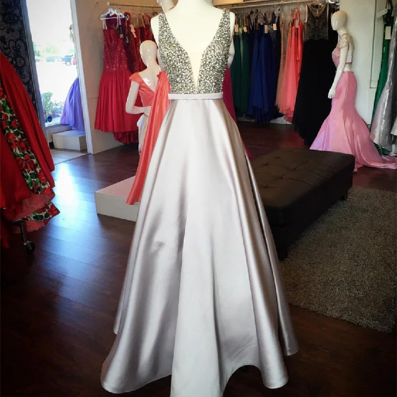 Pearl Beaded V Neck Long Silver Satin Prom Dress Floor Length Tunics Chic elegant